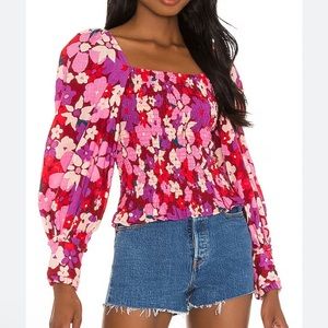 Free People Smocked Ariana Printed Puff Sleeve Top in Party Combo size large